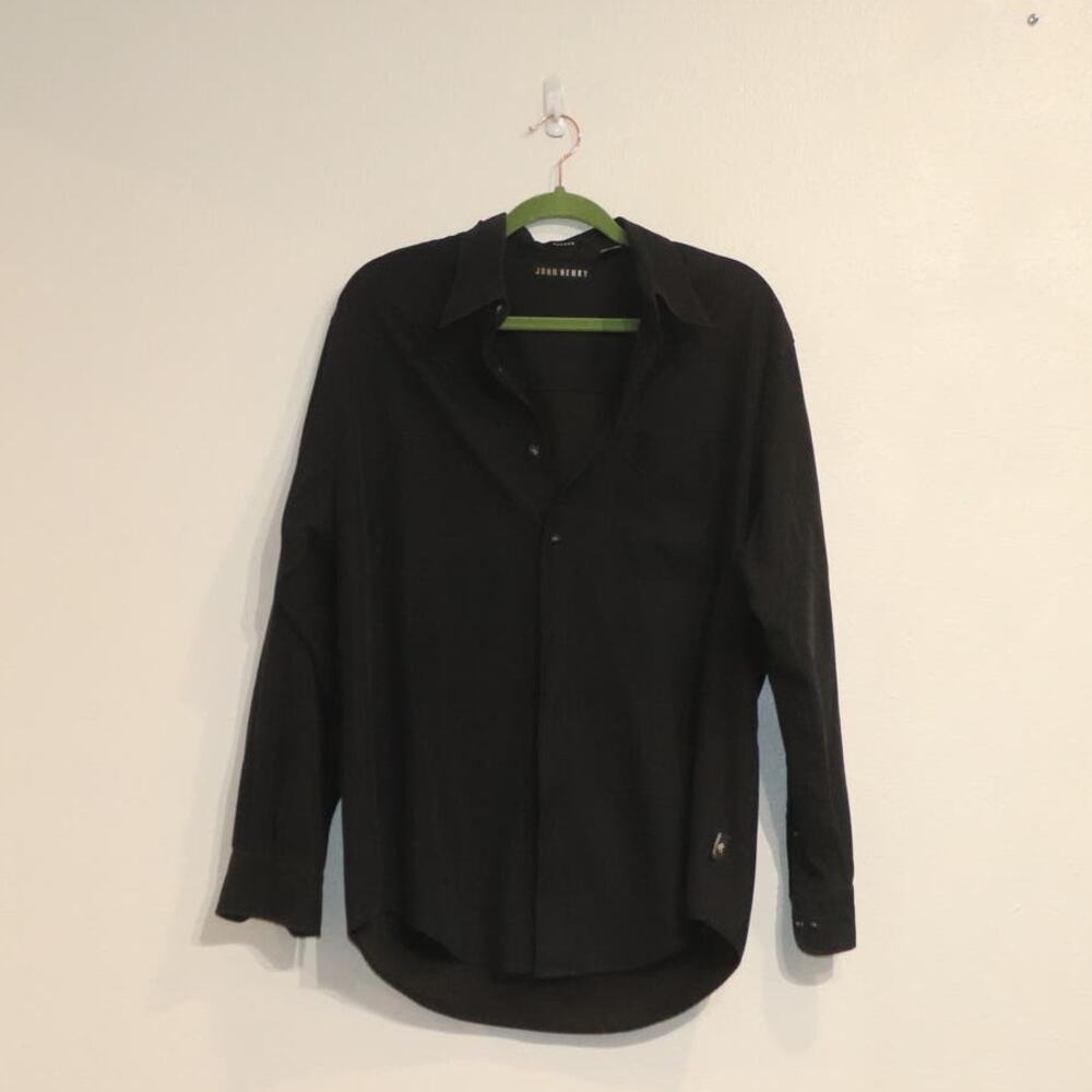 John Henry Black Sueded Button Up Shirt Long Sleeve Sz M